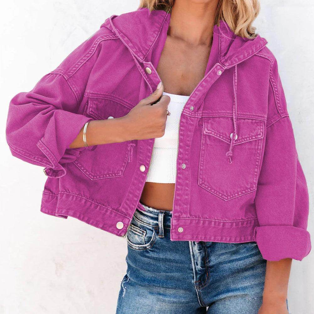 Hooded Dropped Shoulder Denim Jacket for Women Casual Wear