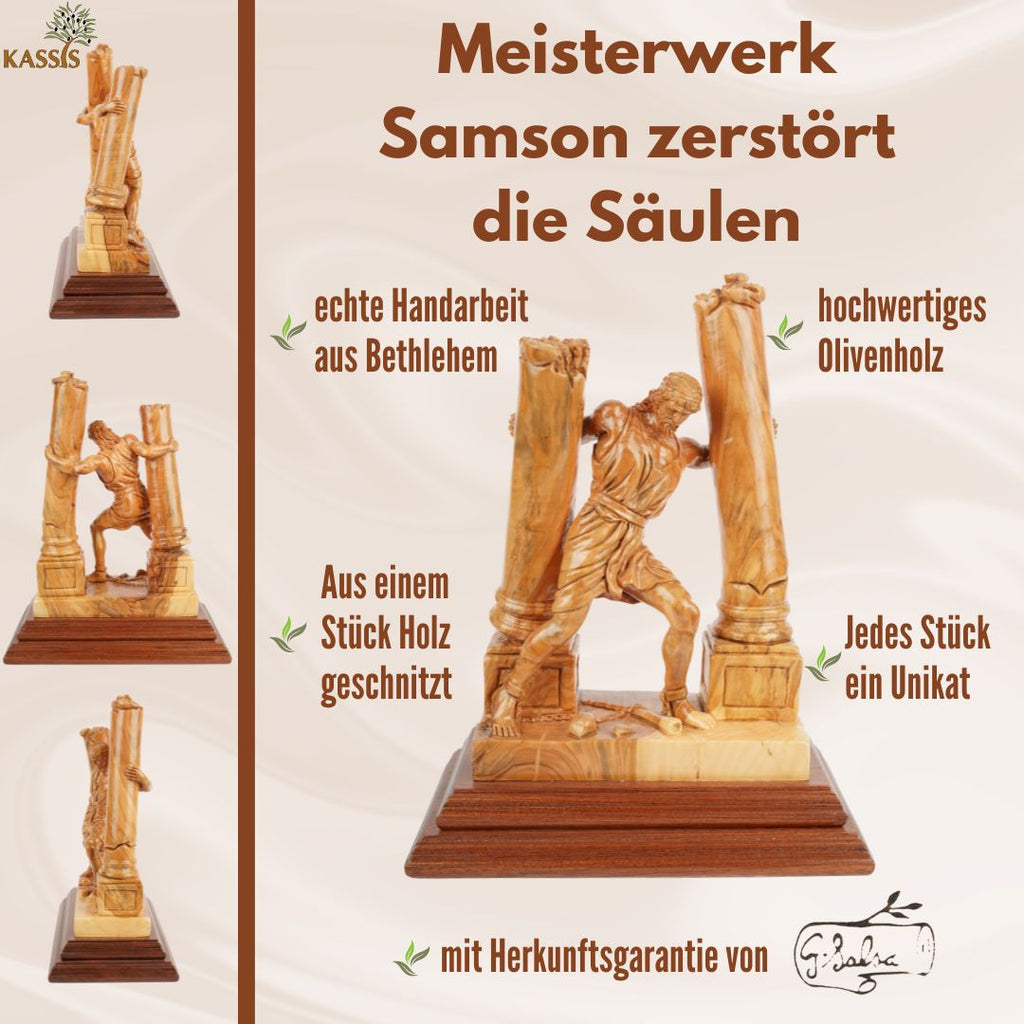 Handgeschnitzte Skulptur „Samson zerstört die Säulen“ – Olivenholzkunst aus Bethlehem (28 cm)-4