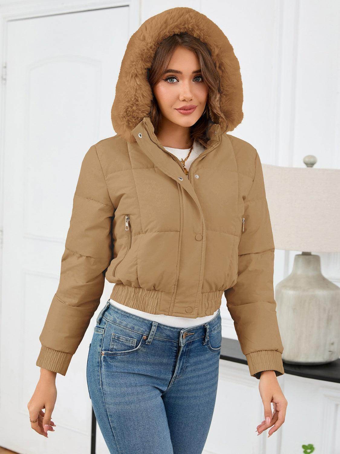 Pocketed Long Sleeve Cropped Hooded Winter Coat for Women