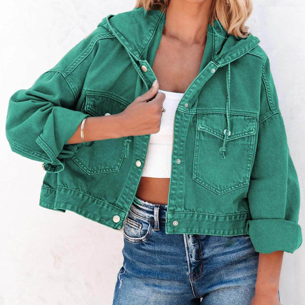 Hooded Dropped Shoulder Denim Jacket for Women Casual Wear