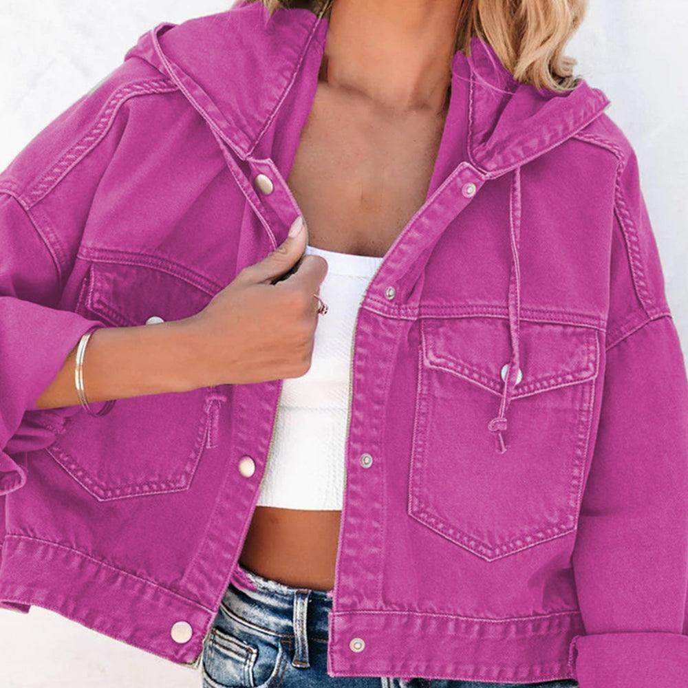 Hooded Dropped Shoulder Denim Jacket for Women Casual Wear