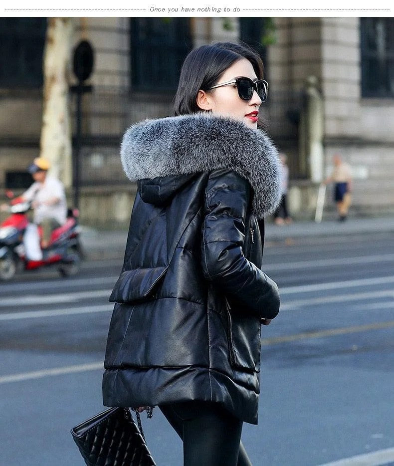 Genuine Leather Jacket Women Fox Fur and Hooded
