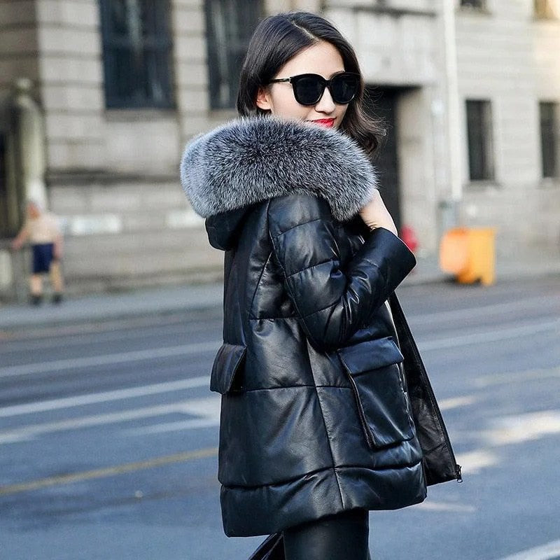 Genuine Leather Jacket Women Fox Fur and Hooded