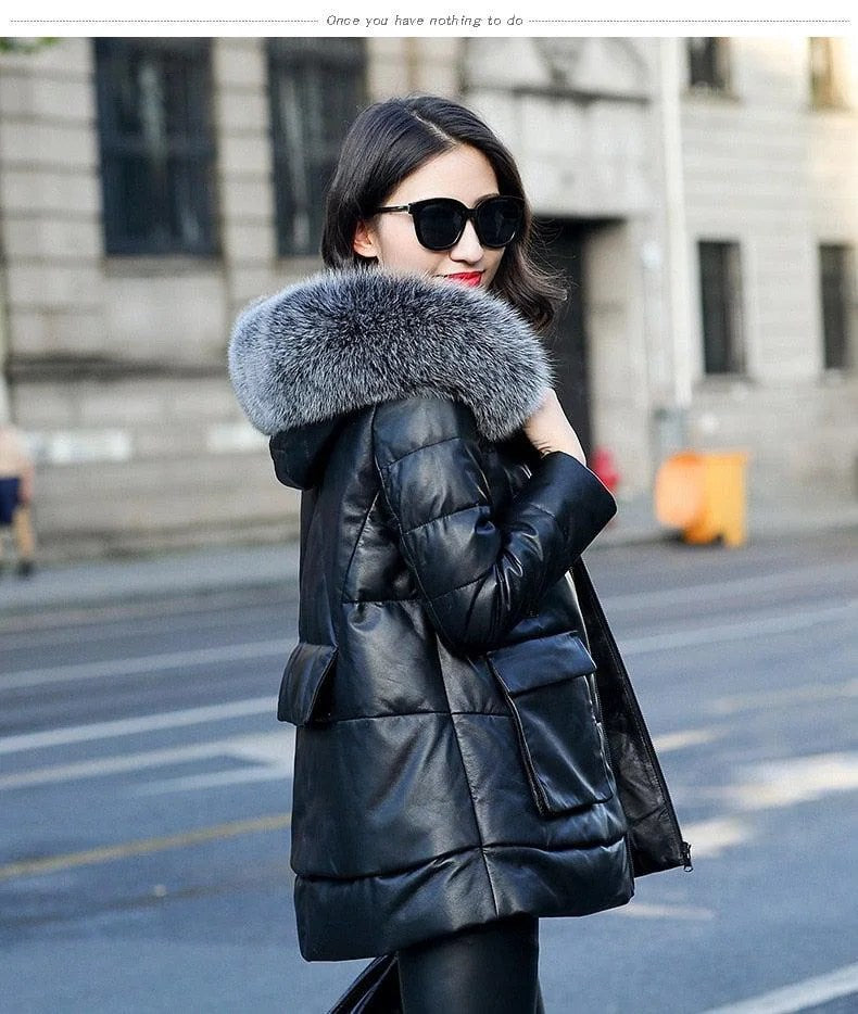 Genuine Leather Jacket Women Fox Fur and Hooded