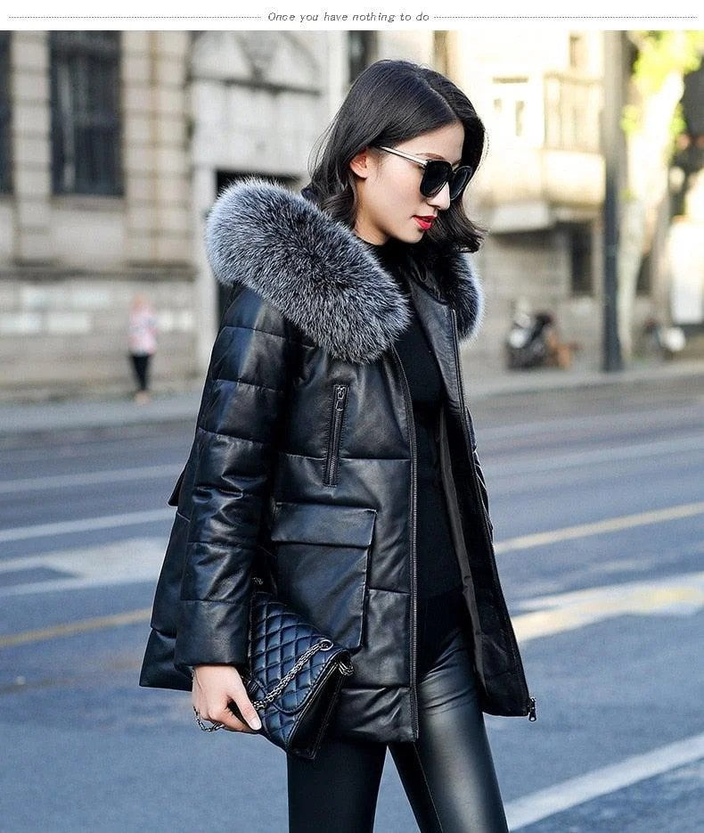 Genuine Leather Jacket Women Fox Fur and Hooded