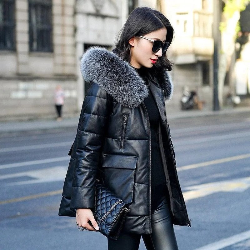 Genuine Leather Jacket Women Fox Fur and Hooded