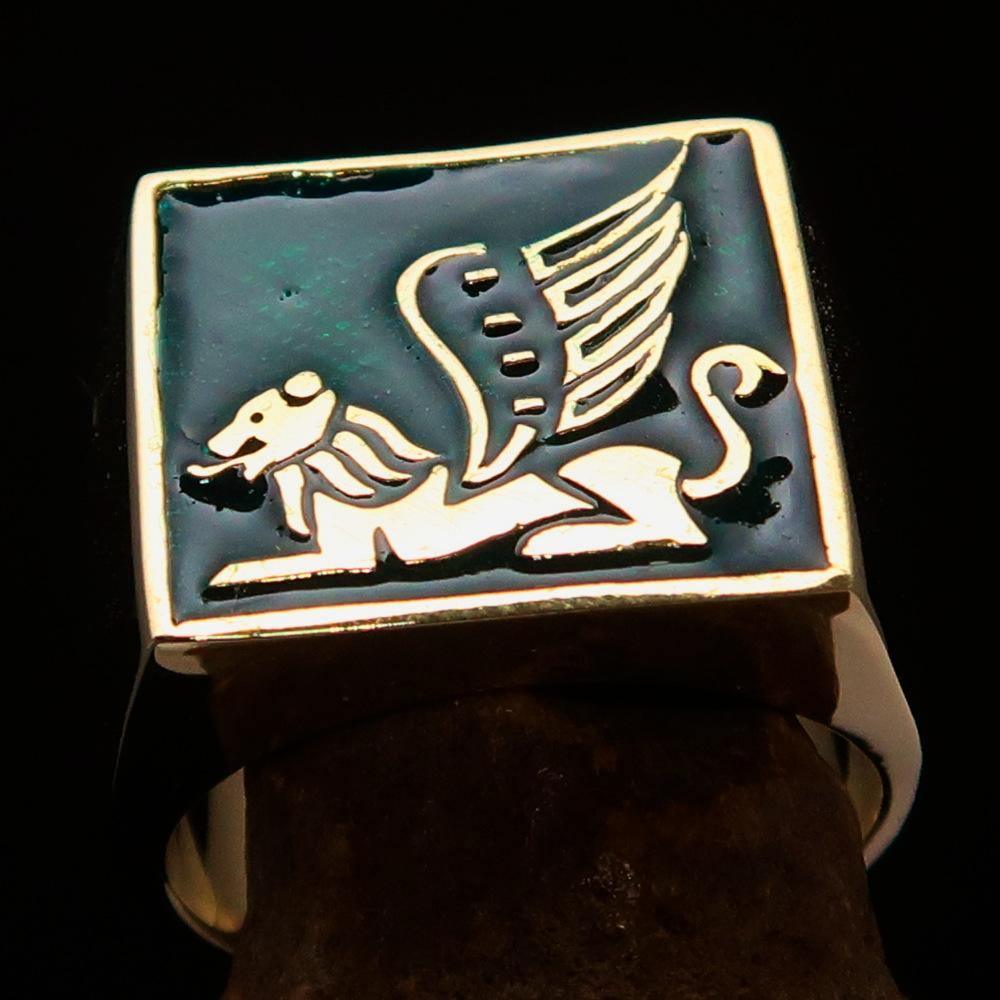 Perfectly crafted Men's Ring winged Lion of Venice Green - Solid Brass