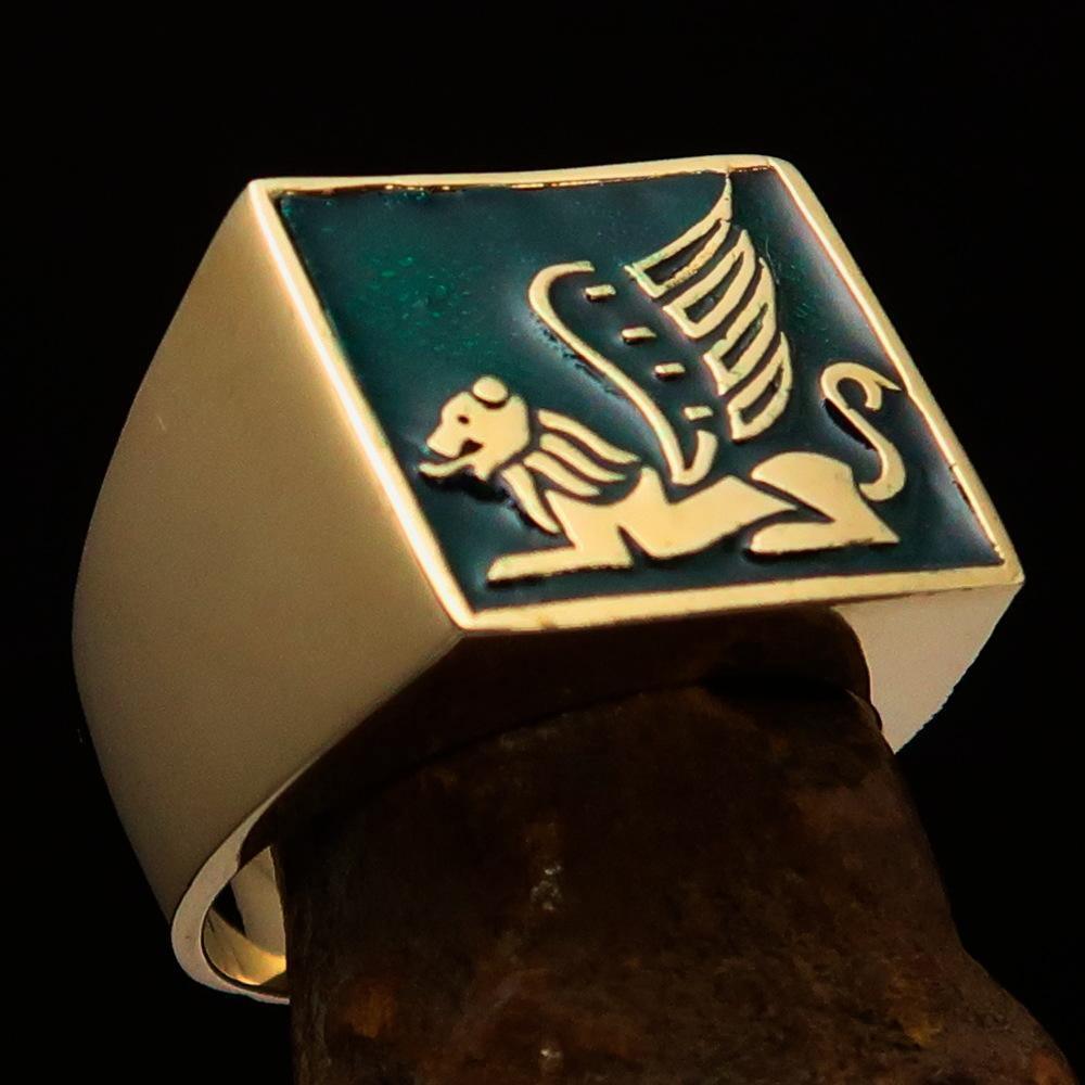 Perfectly crafted Men's Ring winged Lion of Venice Green - Solid Brass