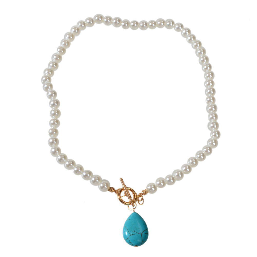 Retro Designer Bohemian Jewellery Simulated Pearl Chain Turquoise Charm Necklace