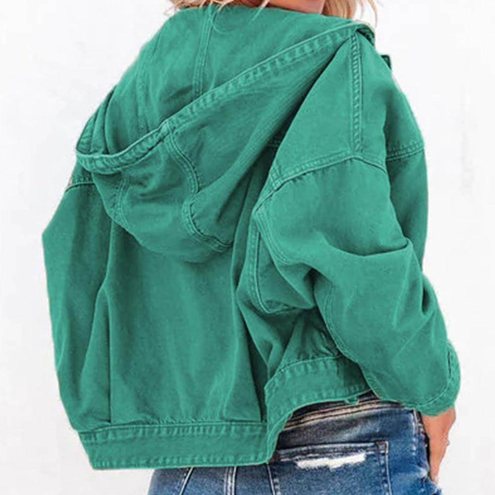 Hooded Dropped Shoulder Denim Jacket for Women Casual Wear