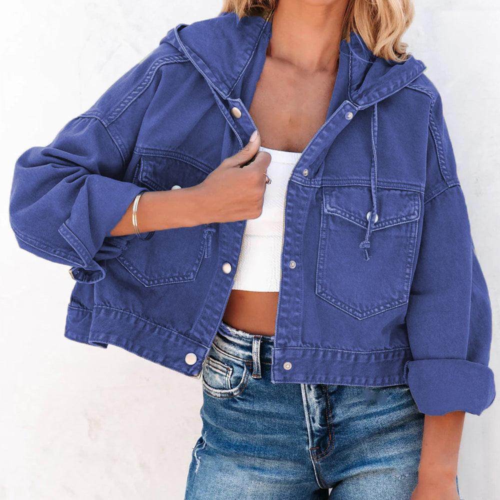 Hooded Dropped Shoulder Denim Jacket for Women Casual Wear