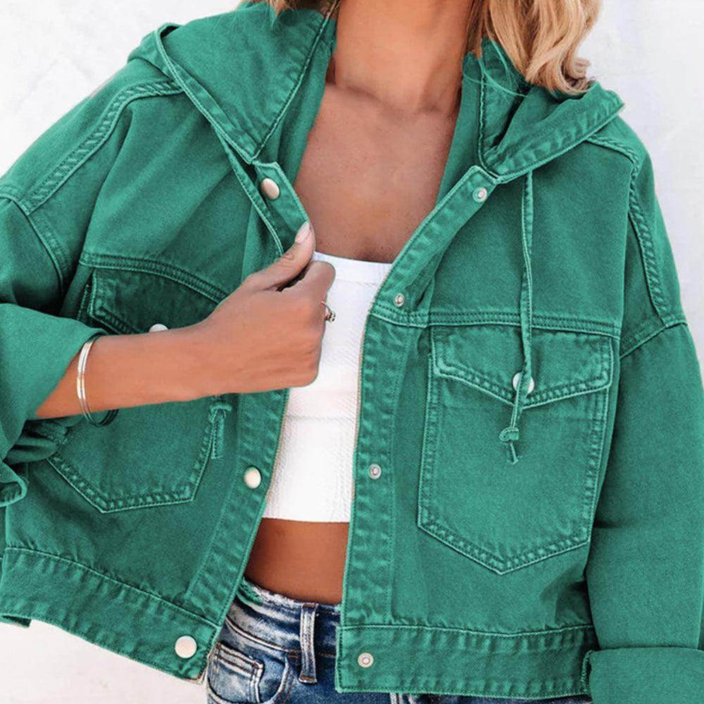 Hooded Dropped Shoulder Denim Jacket for Women Casual Wear