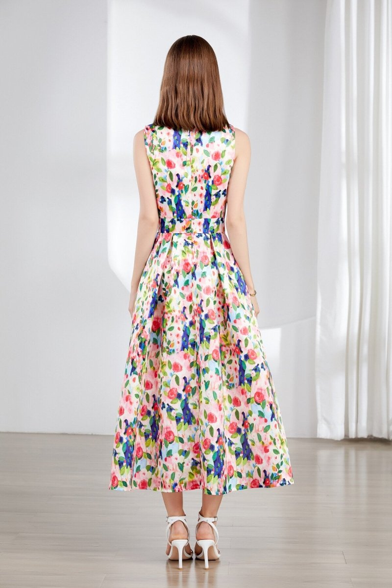 Floral Sleeveless Boatneck Flared A Line Midi Dress-3