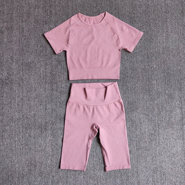 Seamless Yoga Set Women 2pcs Crop Top T-shirt High Waist Shorts Gym Clothes Sport Suit Workout Outfit Sport Wear